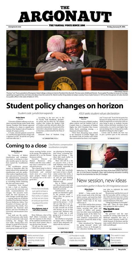 Student policy changes on horizon: Student code jurisdiction expands: ASUI seeks student values declaration; Coming to a close: Classification, compensation recalibration complete; New session, new ideas: Lawmakers gather in Boise for 2014 legislative session; Mapping evolution: OneZoom presents biologists with digital tree of life (p3); Dispatch equipment for future: Sheriff’s department updates dispatch equipment, expands dispatch center (p4); V-Squad, V-Men and V-Day: Women’s Center to host several educational events surrounding “The Vagina Monologues” (p5); In the starting blocks: New season to start at annual open meet (p8)