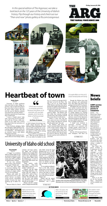 125; Heartbeat of town; UI couple reflects on time at UI, shares Vandal pride with family; News briefs; University of Idaho old school; 125 A very Vandal timeline: A timeline of UI’s past to celebrate UI’s future. (p3); Admin building’s fiery history: In 1906 the original Administration Building was hallowed by fire (p4); Basketball team born: Women’s basketball program has been growing for 39 years (p6)