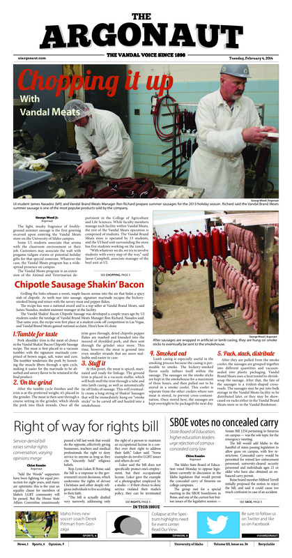 Chopping it up with Vandal Meats; Right of way for rights bill: Service-denial bill raises similar rights conversation, varying opinions merge; SBOE votes no concealed carry: State Board of Education, higher education leaders urge rejection of campus concealed carry law; Concerns of cooling Moscow sewage (p3); New fraternity to join UI (p3); Celebrating Chinese culture: Confucius Institute brings Chinese New Year to UI (p4); Redhawk down: Idaho defeats Seattle U to remain undefeated in WAC play (p6)