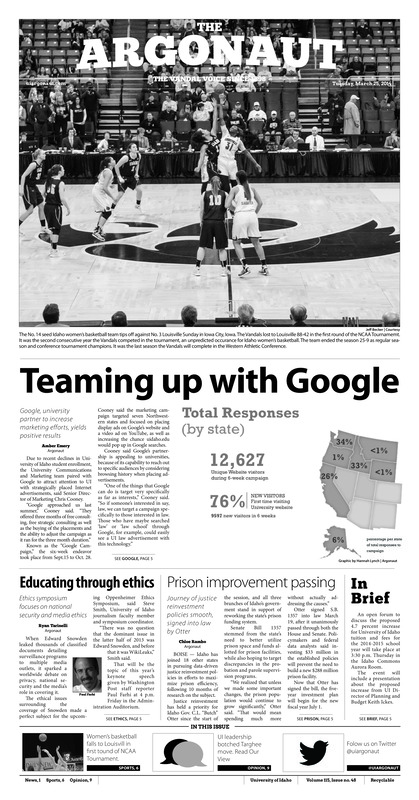 Teaming up with Google: Google, university partner to increase marketing efforts, yields positive results; Educating through ethics: Ethics symposium focuses on national security and media ethics; Prison improvement passing: Journey of justice reinvestment policies smooth, signed into law by Otto; In Brief; Silver and gold chefs meet iron: Second Annual Vandal Iron Chef Competition Thursday (p3); Learning in the wilderness: Students have opportunity to take 16 credits in wilderness (p4); Dining with style: Students invited to annual etiquette dinner, learn professional skills (p4); Strong doubles play for Vandals continues: Idaho men’s tennis team’s up-and-down season continues (p7)