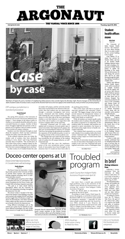 Student health offices move; Case by case: Off-campus jurisdiction is standard procedure; Doceo center opens at UI: Doceo Center helps future teachers, K-12 students learn with technology; Troubled program: Latah County Non-Indigent Public Assistance Program ends April 30; In brief; Students, spirit, Red Bull: Red Bull Chariot Race gets students excited for Vandal Friday (p3); Studying beginnings of print: UI Special Collections and Archives head Garth Reese selected for academic seminar (p4); Getting technical for education: Students in Engineers Without Borders work to bring drinking water, irrigation to Bolivian village (p4); Vandals beat familiar face in Texas: After long road trip, Vandals ready for senior day (p7)