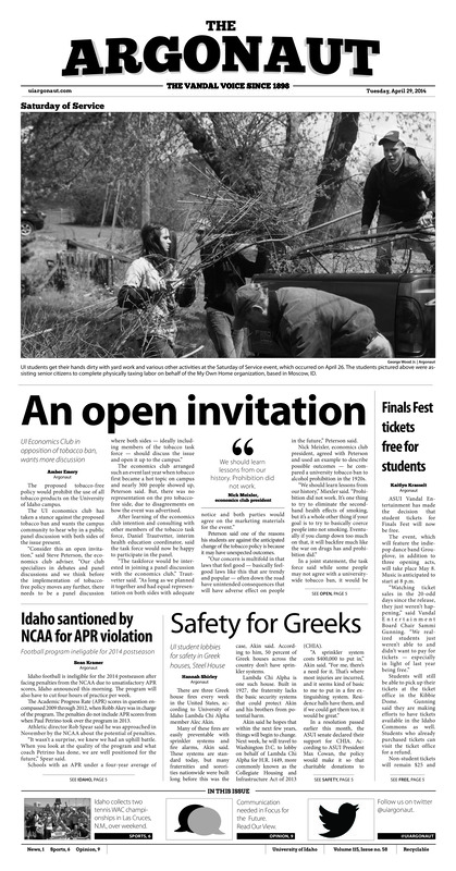 An open invitation: UI Economics Club in opposition of tobacco ban, wants more discussion; Finals Fest tickets free for students; Idaho sanctioned by NCAA for APR violation: Football program ineligible for 2014 postseason; Safety for Greeks: UI student lobbies for safety in Greek houses, Steel House; Memories of Minidoka: Photojournalist Teresa Tamura visits campus, present stories of Japanese internment (p3); BPA exposure affects fetal heart: Monkeys used in UI study of BPA testing (p3); One video at a time: Online campaign encourages individuals to share random acts of kindness (p4); Masculine culture: New men’s group forming to discuss issues surrounding masculinity (p5); Game. Set. WAC Champs: Men’s and Women’s tennis triumph over New Mexico State in Las Cruces (p6); Epps arrested for DUI (p6)