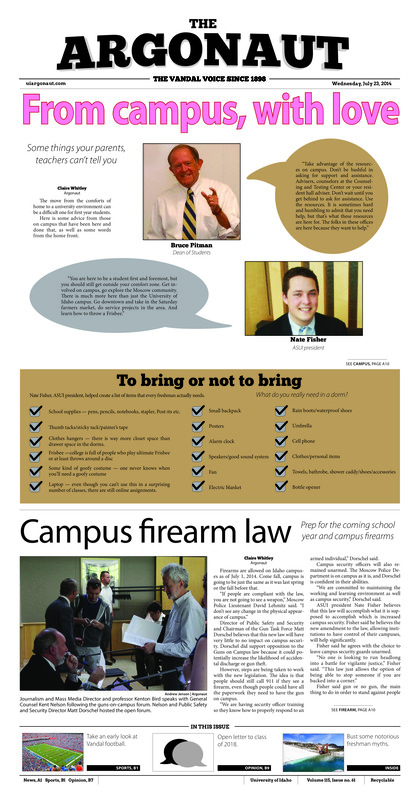 From campus, with love: Some things your parents, teachers can’t tell you; Campus firearm law: Prep for the coming school year and campus firearms; Police probing switch of flags on Brooklyn Bridge (p2); New and improved: Providing students a more enjoyable resident hall experience (p5); Taking temperatures: Climate change addressed by science, also humanities and arts (p6); Crews make gains on massive Washington wildfire (p6); Preventing stress: Taking care of oneself and knowing how to prioritize will help to prevent stress (p9); Dorm dos and don’ts: Dorm life only sucks if you let it suck (p12); Idaho exits WAC on top: Commissioner’s Cup provides validation for athletic department (p15); A way to get active: Club sports offer alternatives to students (p16)