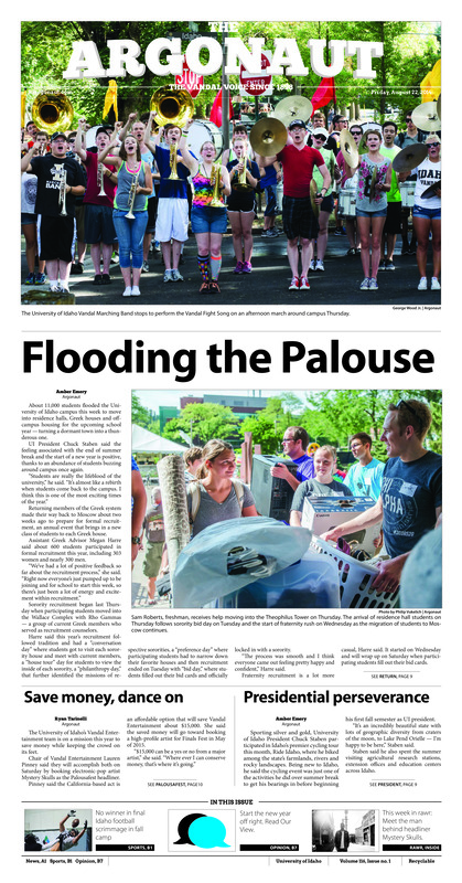Flooding the Palouse; Save money, dance on; Presidential perseverance; Remembering Reynolds: UI sophomore dies in Southern Idaho car accident (p6); Student Health Services hasn’t disappeared: Student Health Building undergoes construction (p7); Moscow parks get vandalized: A rise in graffiti vandalism hits Moscow (p8); Memorial Gym weight room no more: Few remaining attendees will need to look elsewhere for physical fitness (p8); Summer sports briefs: Idaho athletics didn’t let up over summer months (p12); Coaching carousel: Several Idaho teams went through coaching changes heading into 2014 (p13)