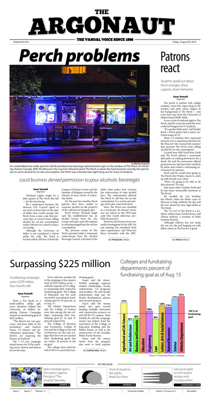 Perch problems: Local business denied permission to pour alcoholic beverages; Patrons react: Students speak out about Perch changes, show support, share memories; Surpassing $225 million: Fundraising campaign raises $229 million, four months left; ASUI sets sights high: ISA, tobacco, student space on ASUI agenda this year (p3); More patrols, fewer accidents: Moscow Police increase patrols looking for impaired drivers (p5); A healthy priority: Vandals must stay healthy through first week (p7)