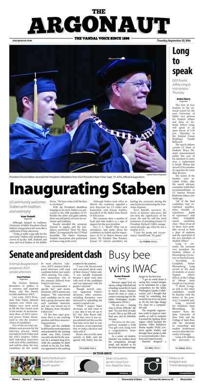 Long to speak: DOS finalist Jeffery Long to visit campus Thursday; Inaugurating Staben: UI community welcomes Staben with tradition and ceremony; Senate and president clash: Internal disagreement postpones ASUI senate selections; Busy bee wins IWAC; Firing off questions: Wednesday’s gun policy open forum yields student concern (p3); Freaking out for FreakNight: FreakNight traveling circus visits Pullman (p5); World Cup fever more than passing fad: With recent soccer explosion, Idaho can grow (p9)