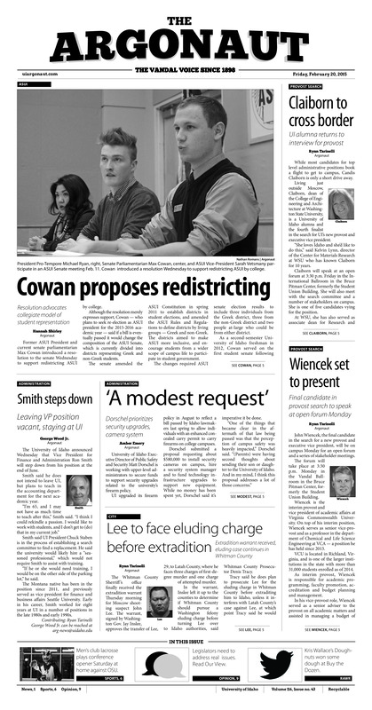 Claiborn to class border: UI alumna returns to interview for provost; Cowan proposes redistricting: resolution advocates collegiate model of student representation; Smith steps down: Leaving VP position Vacant, staying at UI; 'A model request': Dorschel prioritizes security upgrades, camera system; Wieneck set to present: Final candidate in Provost search to speak at open forum Monday; Lee to face eluding charge before extradition: Extradition warrant received, eluding case continues in Whitman county; Sodexo secures contract: UI renews altered dining contract with Sodexo (p3); Lax is back: Men's club lacrosse 2-0 to start season, opens conference play saturday (p6); Hope still alive: Idaho gets much needed win at home (p6);