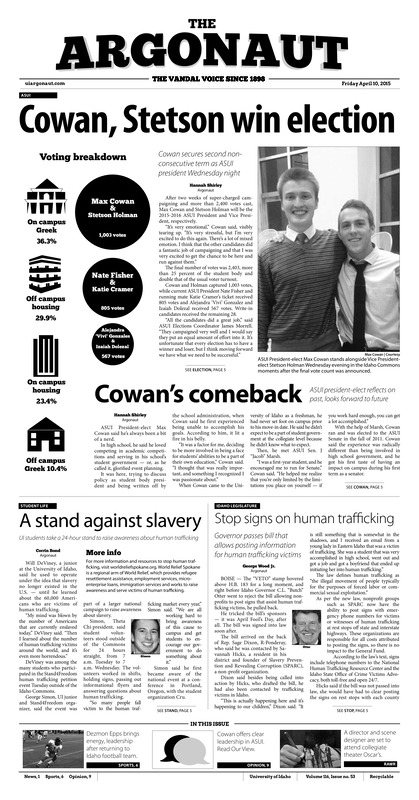 Cowan, stetson win election: Cowan secures second non-consecutive term as ASUI president wednesday night; Cowan's comeback: ASUI president-elect reflects on past, looks forward to future; A stand against slavery: UI students take a 24-hour stand to raise awareness about human trafficking; Stop signs on human trafficking: Governor passes bill that allows posting information for human trafficking victims; seniors to celebrate at home: Men's tennis hosts Montana and North Dakota in only home matches of season (p6);