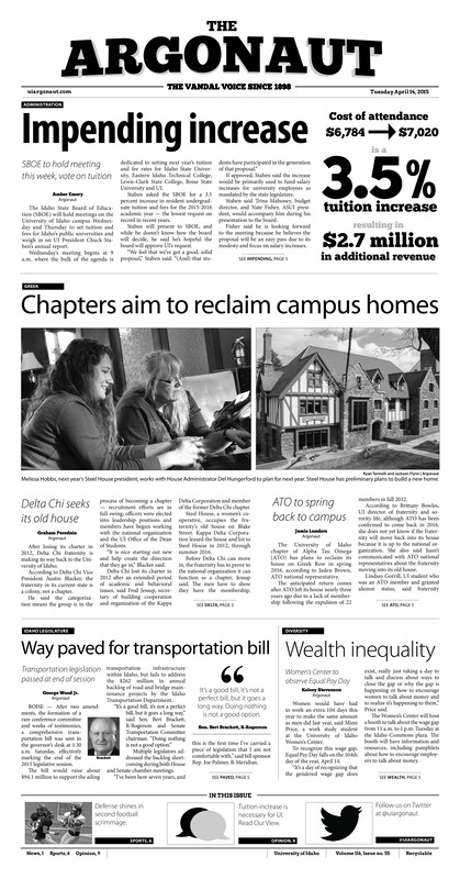 Impending increase: SBOE to hold meeting this week, vote on tuition; Chapters aim to reclaim campus homes; Way paved for transportation bill: Transportation legislation passed at end of session; Wealth inequality: Women's center to observe equal pay day; Second scrimmage down: Defense impresses in second scrimmage (p6);