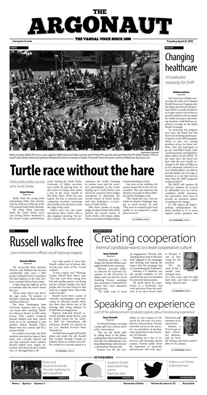 Changing helathcare: UI evaluates necessity for SHIP; Turtle race without the hare: Delta Delta Delta sorority wins turtle derby; Russell walks free: Law enforcement officers recall highway tragedy; Creating cooperation: Internal candidate wants to create cooperative culture; Speaking on experience: Last VP for advancement candidate speaks about fundraising experience; Weathering the storm at RB: Vandals set to have crowded backfield once again (p6);