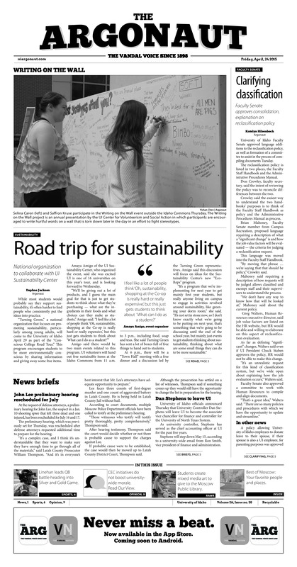 Clarifying classification: Faculty senate approves consolidation, explanation on reclassification policy; Road trip for sustainability: National organization to collabrate with UI sustainability center; Linehan, luton compete for QB1: for the third time in as many years, petrino has QB competition (p6); Looking for redemption: UI hopes to avenge early-season loss in conference tournament (p7);