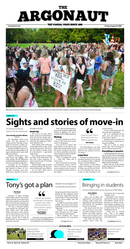 Sights and stories of move-in: Hundreds of students move in for the school year; Tony's got a plan: Staben encourages UI to attend convocation; Bringing in students: Annual palousafest set to have over 200 tables; Spots earned, not given: Vandals return scoing threats, starting spots still up for grabs including goalie (p11); Thriving for success this season: Vandals picked fifth in bigsky preseason coaches poll (p11);