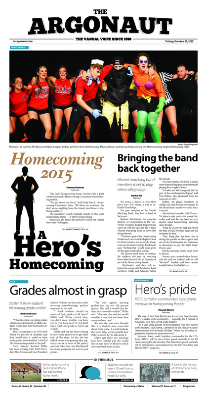 Bringing the band back together: Alumni marching band members meet to play, relive college days; Grades almost in grasp: Students show support for posting grades online; Hero's pride: ROTC battalion commanders to be grand marshals in homecoming parade; There's no place like home (p11);