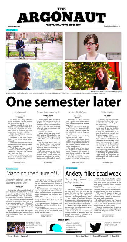 One semester later; Mapping the future of UI: University officials work to develop strategic plan; Anxiety-filled dead week: Test anxiety common on college campuses; Little rock defense too much: Vandals fall to unbeaten Arkansas-little rock despite 24 point from sanders (p6); Double-doubles: Idaho women's basketball team prevails against wyoming (p7);