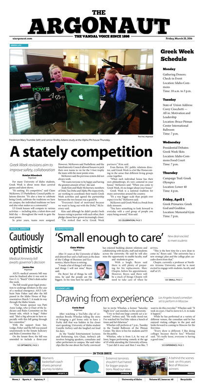 A stately competition: Greek Week revisions aim to improve safety, collaboration; ‘Small enough to care’: New dead excited to meet students; Drawing from experience: Los Angeles based comedian set to perform in Moscow; Cautiously optimistic: Medical amnesty bill awaits governor’s decision; Embracing who she is: Olivia Kennedy wins the first Miss Northern Idaho competition (p3); ‘Drugs of tomorrow”: UI student receives Hill Fellowship for work in organic chemistry (p3); ‘Widen your world’: Film festival features films by and about Native Americans (p4); A better fit for Staff Council: Faculty Senate approves changes to Staff Council bylaws (p4); Freshman domination: Freshman Marianna Petrei has become a vital part of the Vandal’s women’s tennis team (p6); Family comes first: Idaho coach Jon Newlee chronicles journey in finding family and success on the Palouse (p6); Running strong: With departure of Elijhaa Penny, Vandals search for next running back (p7); New year, new team: Spring football highlighted by absences, key position battles (p7); Setting the Barr high: Former Vandal basketball standout ees success at professional level (p8)