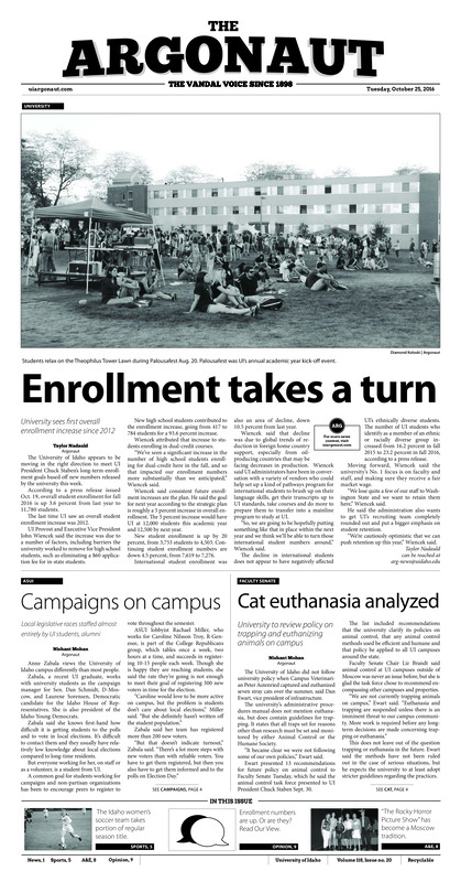 Enrollment takes a turn: University sees first overall enrollment increase since 2012; Campaigns on campus: Local legislative races staffed almost entirely by UI students, alumni; Cat euthanasia alayzed: University to review policy on trapping and euthanizing animals on campus; The family, the food, the beer: Lutheran Campus Ministries holds annual Oktoberfest (p3); Presentation and compensation: Staben reiterates strategic goals, new ruling for overtime and salaries for staff (p4); Vandals wins regular season: Idaho earns post season appearance over the weekend (p5); Vandals impress in ITA: The men’s tennis team fights for top spot in Vegas (p5); Downward spike: Idaho falls in Portland for fifth consecutive loss (p5); Vandals fail to scale Appalachians: Offensive struggles to keep Vandals winless against the Mountaineers (p6); A peculiar spectacle: “The Rocky Horror Picture Show” at the Kenworthy has become a fun and frightening tradition (p8)