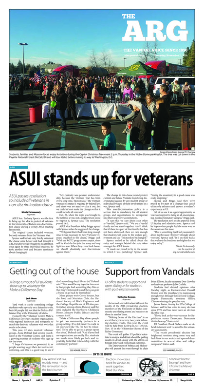 ASUI stands up for veterans: ASUI passes resolution to include all veterans in non-discrimination clause; Getting out of the house: A large turnout of UI students show uo to volunteer for Make a Difference Day; Support from Vandals: UI offers students support and open dialogue for students with post-election events; Election causes mixed reactions: Students react to the 2016 presidential election (p3); A long-term investment (p5); Just one more: Secondary, special teams expected to lead against Bobcats (p6); The changing tides: Football is seeing a resurgence in Washington (p6); Hate-free football: Rcism is still prevalent in American football (p7); Television turmoil: The NFL is losing its audience for many reasons (p7); Ampersand and cooking lessons: Ampersand’s store held gluten free class to prep cooks for Thanksgiving (p8); Strangely befitting Marvel: Marvel’s “Doctor Strange” is trippy fun (p8); Throwing a factastic Friendsgiving: Throw a fun and entertaining Friendsgiving with these simple tips (p8)