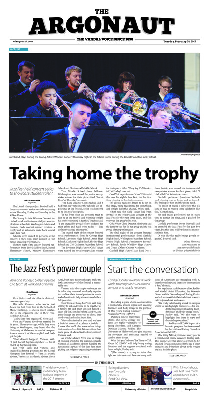 Taking home the trophy: Jazz Fest held concert series to showcase student talent; Start the conversation: Eating disorder awareness week works to recognize issues around campus and supply resources; Simplifying the world’s complexities: UI professor encourages students to explore the humanities offered at UI (p3); For those outside the box: LGBTQA office hosts social meet up for gender non-binary and nonconforming people (p3); Idaho hockey heroes: Women’s club hockey is anything but cold out on the ice (p5); Free throws seal victory: Free throws lead Idaho to victory after regulation (p6); Final road game win: Vandals earn 82-77 victory on the road (p7); Filling Sanders’ shoes: Freshman Trevon Allen steps up to make a splash on senior night (p7); Moving to the music: Lionel Hampton Jazz Festival brings dance to campus (p8); A healthy helping: One in four students will suffer from eating disorders, the other three can combat the stigma (p10); Prevent versus treat: Preventative care might just save the world (p11); Pokemon Go – worth it? Generation 2 of Pokemon Go takes on the world (p12);