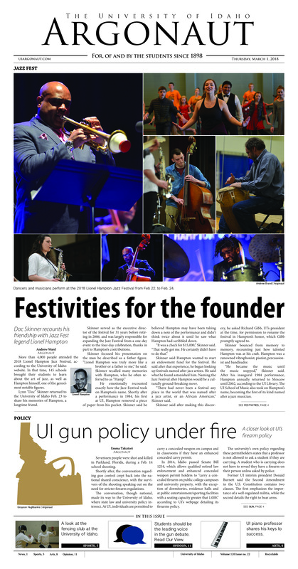 Festivities for the founder: Doc Skinner recounts his friendship with Jazz Fest legend Lionel Hampton; UI gun policy under fire: A closer look at UI’s firearm policy; A fresh look at old practices: Researchers make DNA extraction from snail shells less sluggish (p3); It starts in the heart: UI hosts a discussion on unhealthy masculinity and its dangers to society (p4); UI professor, performer, person: UI piano professor tries to live a balanced life while teaching, performing, traveling and recruiting (p8); Who done it?: Murder Inc. Club dedicates time to murder mystery roleplaying (p8)