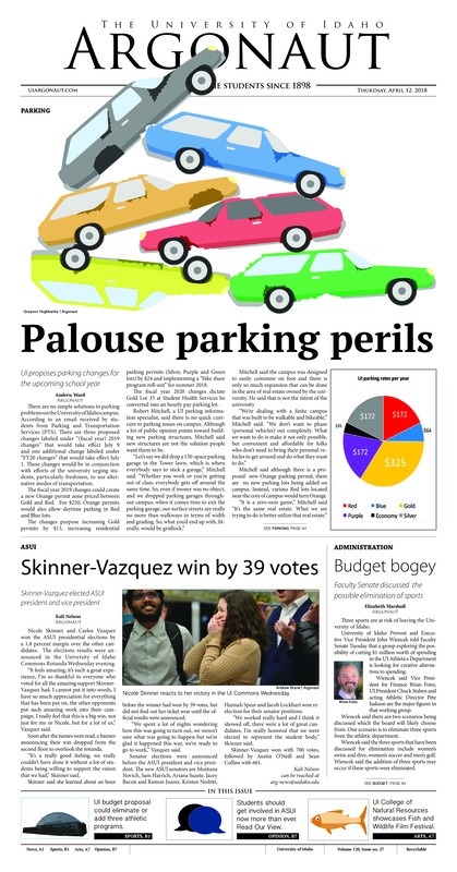 Palouse parking perils: UI proposes parking changes for the upcoming school year; Skinner-Vazquez win by 39 votes: Skinner-Vaquez elected ASUI president and vice president; Budget bogey: Faculty Senate discussed the possible elimination of sports; From Moscow to Saturn’s moons: UI astronomer wants to send a drone to Saturn’s moon (p4); Don’t eat the popcorn: ‘A Quiet Place’ is visually stunning and extremely thrilling (p7); Balancing education and recreation: Vandal Overnight Games provided different activities for everyone (p8); Blast from the past (p12)