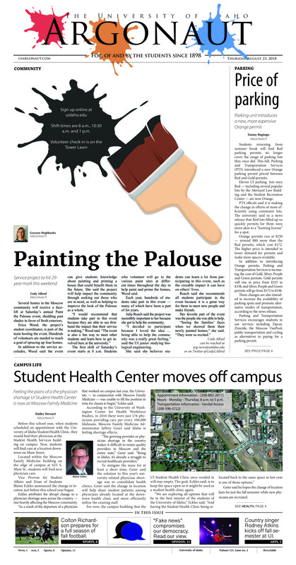 Price of parking: Parking unit introduces a new, more expensive Orange permit; Painting the Palouse: Service project to hit 29-year mark this weekend; Student Health Center moves off campus: Feeling the pains of a physician shortage UI Student Health Center is now at Moscow Family Medicine; First-gen obstacles: First-generation students face unique challenges on college campuses (p3); “Caught up in the country”: Thousands show for Monday night Rodney Atkins concert to kick off UI’s fall semester (p5); A touch of interactivity: A different way to keep busy when staying inside (p6)