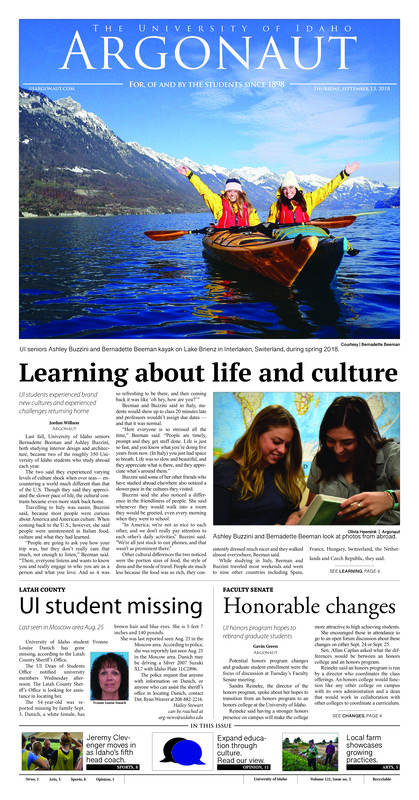 Learning about life and culture: UI students experienced brand new cultures and experienced challenges returning home; UI student missing: Last seen in Moscow area Aug. 25; Honorable changes: UI honors program hopes to rebrand graduate students; Queer students of color talk culture, community issues (p3); Hungry for reform: Tenzin Nyima started a personal protest against Vandal Meats (p4); From tour to table: Local farmers give tours to community members as part of the Eat Local Month program (p5); The message within: Vandal Health Education hosts free Mental Health Film Series monthly on campus (p5); A place to call home: Native American Student Center helps students succeed at UI (p6); A glimpse into the future: How artist Mac miller’s early album cried for help before his 2018 death (p7); Turnaround victory: Idaho football packed a punch against the Mustangs Saturday (p9)