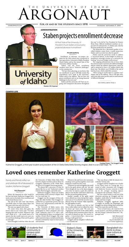 Staben projects enrollment decrease: At final State of the University, UI President Chuck Staben announced a projected decrease in enrollment; Loved ones remember Katherine Groggett: Family and friends reflect on and celebrate life of deceased UI student, Katherine Groggett; Taking back the night: UI multicultural sorority leads annual march raising awareness of interpersonal violence (p4); Synthesizing the Palouse: Synthfest gives the community a chance to create (p5); Revisiting Bangladeshi culture: BASS organization invites UI students to experience Bangaldeshi culture (p5)