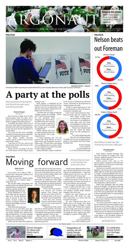 Nelson beats out Foreman: David Nelson unseats Sen. Dan Foreman by more than 2,000 votes; A party at the polls: ASUI and Center of Volunteerism and Social Action team up to host Party to the Polls; Moving forward: After spending over a year on the campaign trail, Joran looks ahead; Farewell to Dads’ Weekend: UI’s Dads’ weekend will undergo a name change in 2019 (p3); Bulk contraceptives now available: Vandal Health offering new methods of attaining condoms (p4); Celebrating America’s oldest cultures: Native American Heritage Month highlights UI diversity (p5)