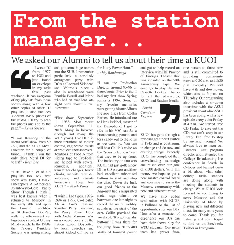 From the station to the manager…: We asked our Alumni to tell us about their time at KUOI; Finding my Element: Tru Williams-Pierone (p2); DJ Picks (p3)