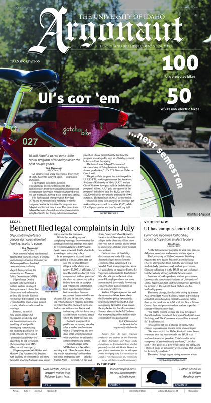 Bennett filed legal complaints in July: UI journalism professor alleges damages, dismissal hearing results to come; UI has campus-central SUB: Commons become Idaho SUB, sparking hope from student leaders; Sculptures of sound preside in the Prichard (p4); Mo’ gears, mo’ problems: For my senior year, I sought out a change of pace when it comes to my morning commute (p5); Moscow Pride Festival unites an inclusive community: Palouse community gathers together for Palouse Pride Festival last Saturday in East City Park (p5); L.I.F.E. Hacks: How to not get bored in Moscow this week (p6); Idaho starts its four-game homestead this weekend: SEC and CCC make their way to the Kibbie Dome (p7); Keeping it fresh(men): New faces look to help Idaho exceed expectations (p7); Into the lion’s den: Vandal football kicks off the season against one of the Big Ten’s elite (p8); New face of the program: Lisa Ferrero named as the newest head coach at Idaho (p8)