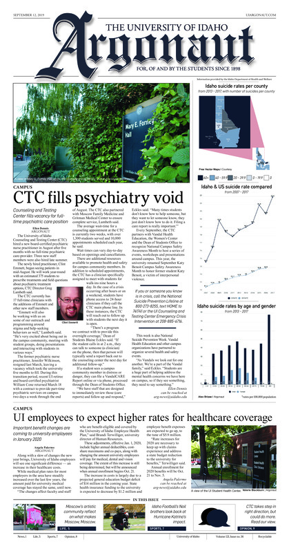 CTC fills psychiatry void: Counseling and Testing Center fills vacancy for full-time psychiatric care position; UI employees to expect higher rates for healthcare coverage: Important benefit changes are coming to university employees in January 2020; Drastic snowfall decreases in Western United States: UI postdoctoral researcher finds climate change affecting snowfall (p4); The hidden gem of Moscow (p5); ‘It was just chaos’ Brothers Michael and Wrynar Noil reflect on life after Hurricane Katrina (p7); Starting from the bottom: New head coach Lisa Ferrero’s first tournament ended with Idaho tied for last place (p7); Idaho assistant men’s basketball coach no longer with team (p7); Lancers and highlanders prepare for the Vandals: Idaho soccer goes on its final road trip before Big Sky conference play (p8); Spikes in Sin City: Idaho travels to Las Vegas for the UNLV Volleyball Tournament this weekend (p8)