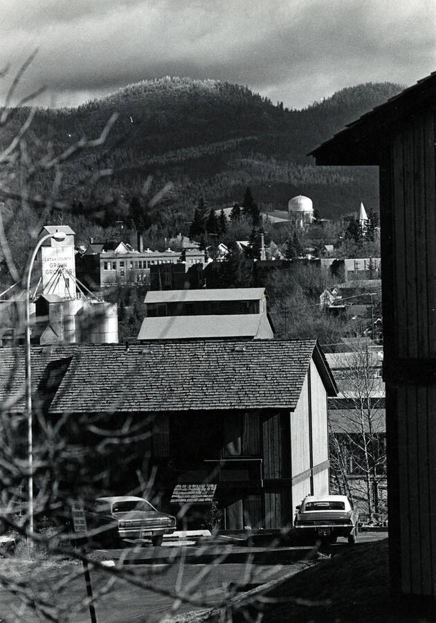 What is now ""Graduate Housing,"" seen with the large downtown grain silos in the distant background. Caption: ""University of Idaho and Moscow. Married student townhouses in foreground looking north.""
