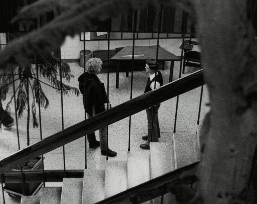 Two people having a conversation in the College of Natural Resources Building.