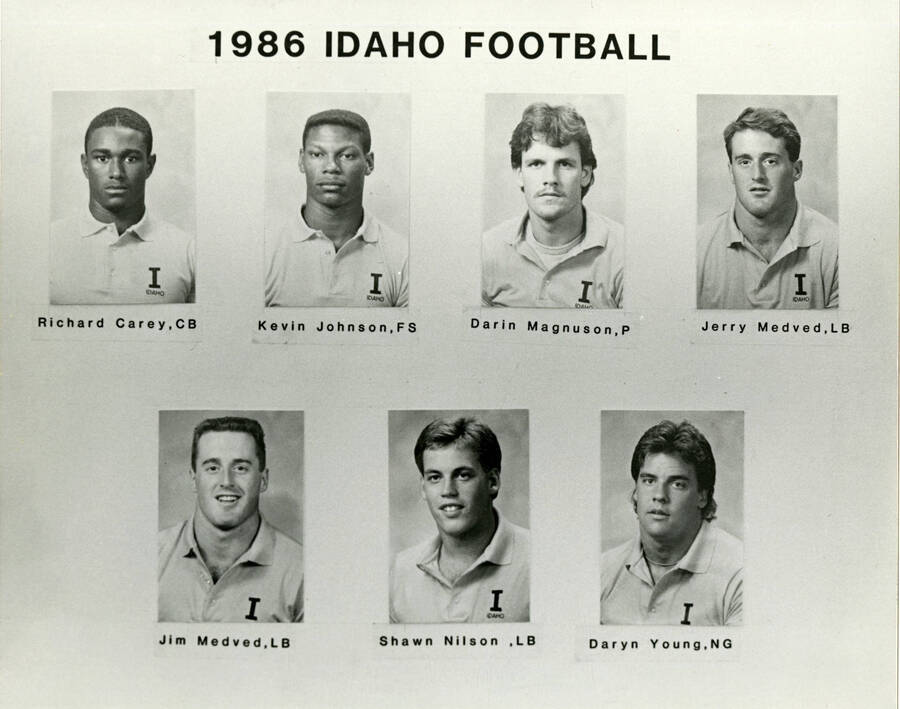 1986 Idaho Football. From left to right: Richard Carey, CB; Kevin Johnson, FS; Darin Magnuson, P; Jerry Medved, LB; Jim Medved, LB; Shawn Nilson, LB; and Daryn Young, NG.
