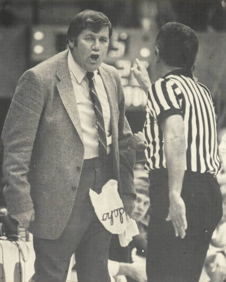 A dispute between men's basketball coach Bill Trumbo and a referee.