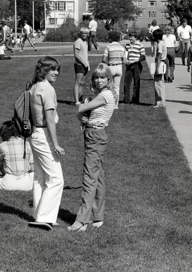 Students on lawn in front of old Gault Hall, which was torn down in 2003 to make room for the current Living Learning Center.