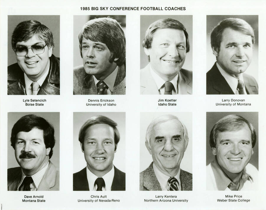 1985 Big Sky Conference Football Coaches. From left to right: Lyle Setencich, Dennis Erickson, Jim Koetter, Larry Donovan, Dave Arnold, Chris Ault, Larry Kentera, and Mike Price.