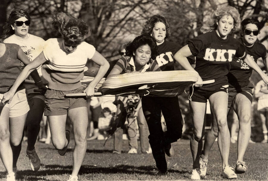 Greek Week Mattress Race. Kappa Kappa Gamma seen in action before winning the race.