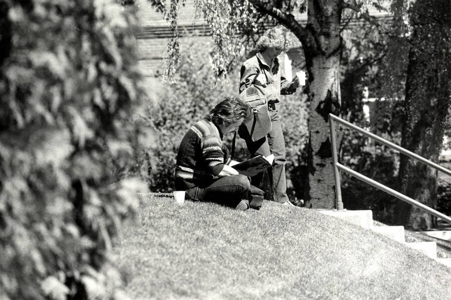 Two students studying outdoors.
