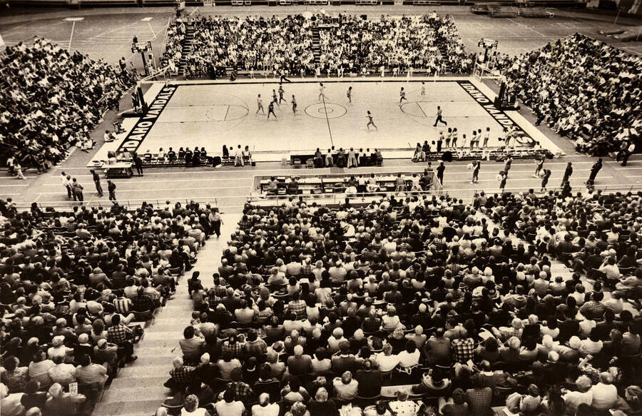 A view of a basketball game in the Kibbie Dome.