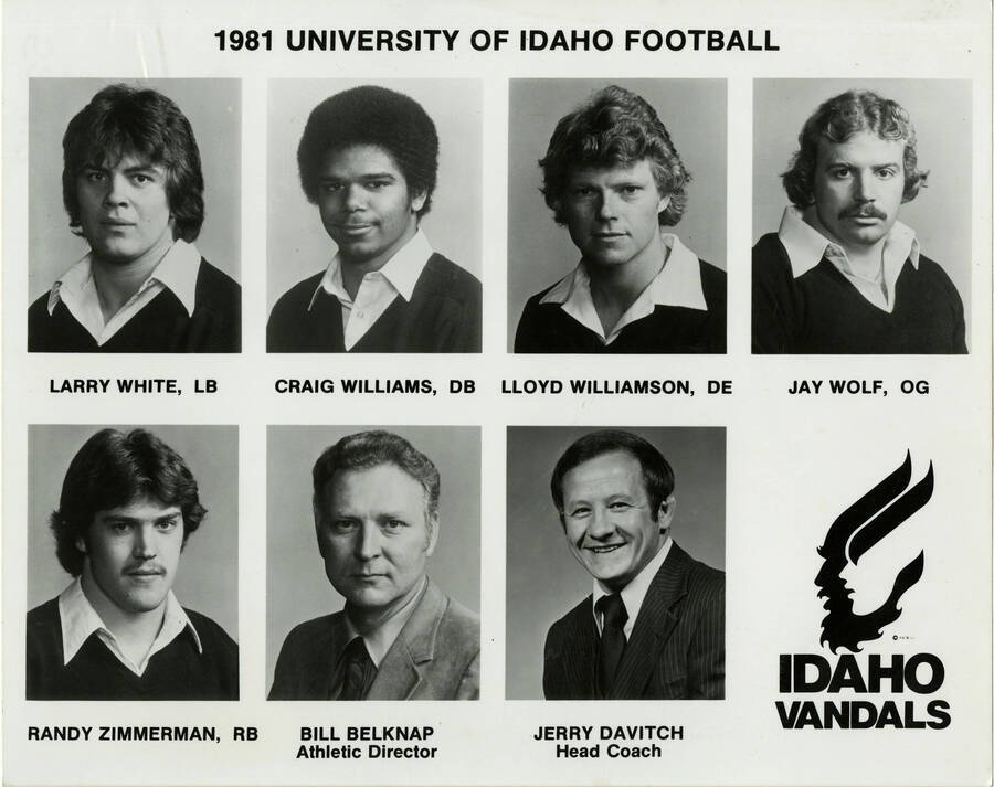 1981 University of Idaho Football. From left to right: Larry White, LB; Craig Williams, DB; Lloyd Williamson, DE; Jay Wolf, OG; Randy Zimmerman, RB; Bill Belknap, Athletic Director; and Jerry Davitch, Head Coach.