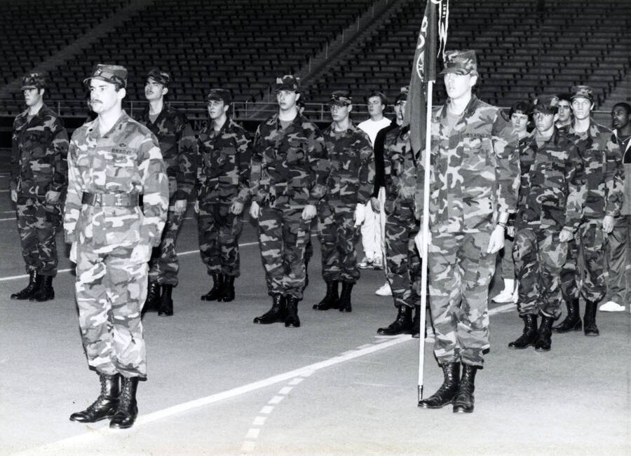 Soldiers in formation during a drill in the Kibbie Dome.