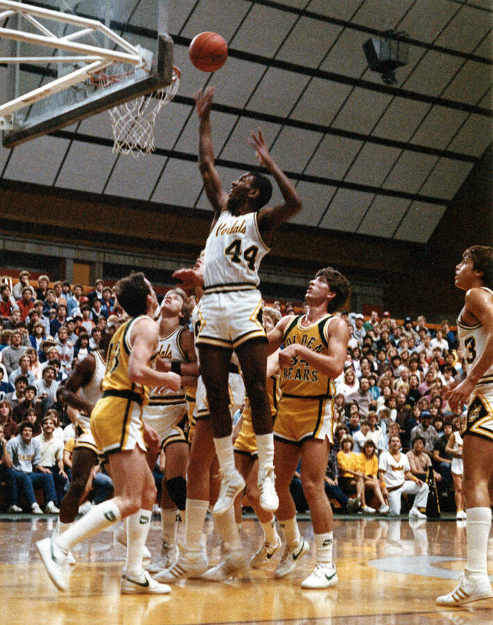 Vandals basketball player Phil Hopson (44) taking a shot against the Concordia Golden Bears in the Kibbie Dome on Nov. 30, 1981.