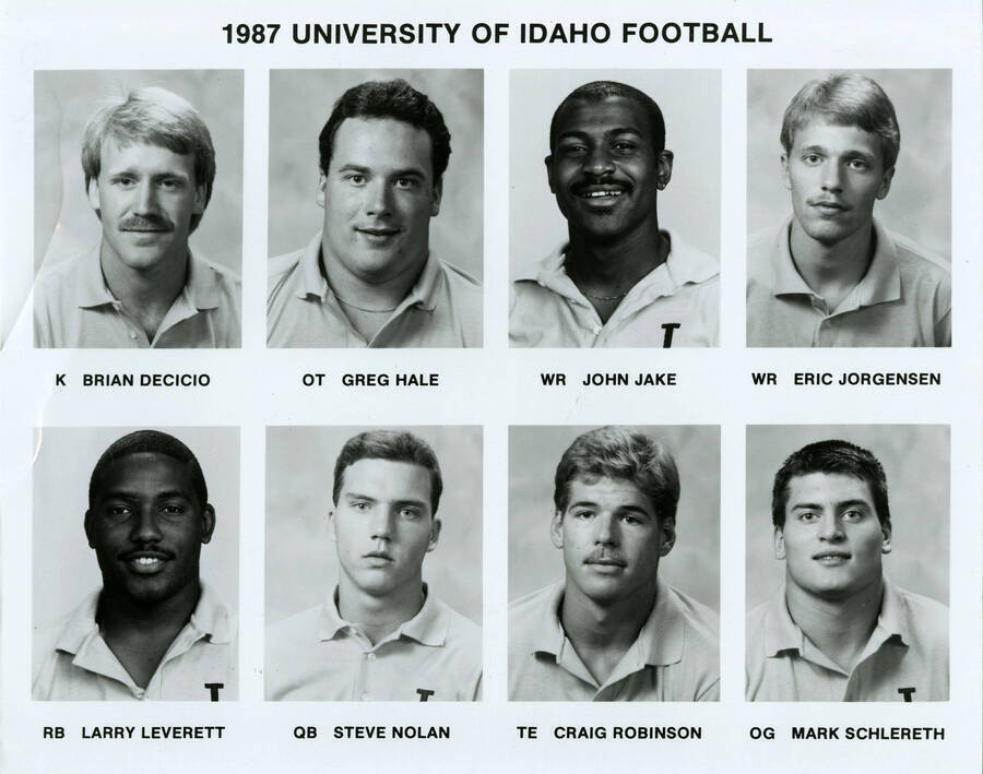 1987 University of Idaho Football. From left to right: Brian Decicio, K; Greg Hale, OT; John Jake, WR; Eric Jorgensen, WR; Larry Leverett, RB; Steve Nolan, QB; Craig Robinson, TE; and Mark Schlereth, OG.