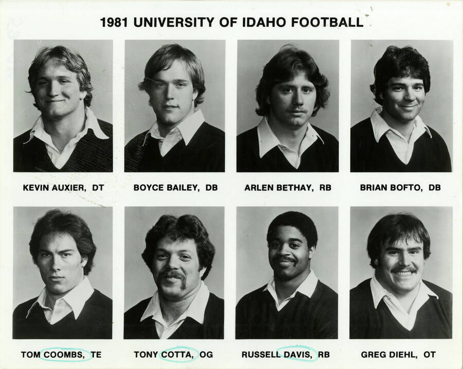 1981 University of Idaho Football. Kevin Auxier, DT. Boyce Bailey, DB. Arlen Bethay, RB. Brian Bofto, DB. Tom Coombs, TE. Tony Cotta, OG. Russell Davis, RB. Greg Diehl, OT. ""Coombs,"" ""Cotta"" and ""Davis"" are circled.