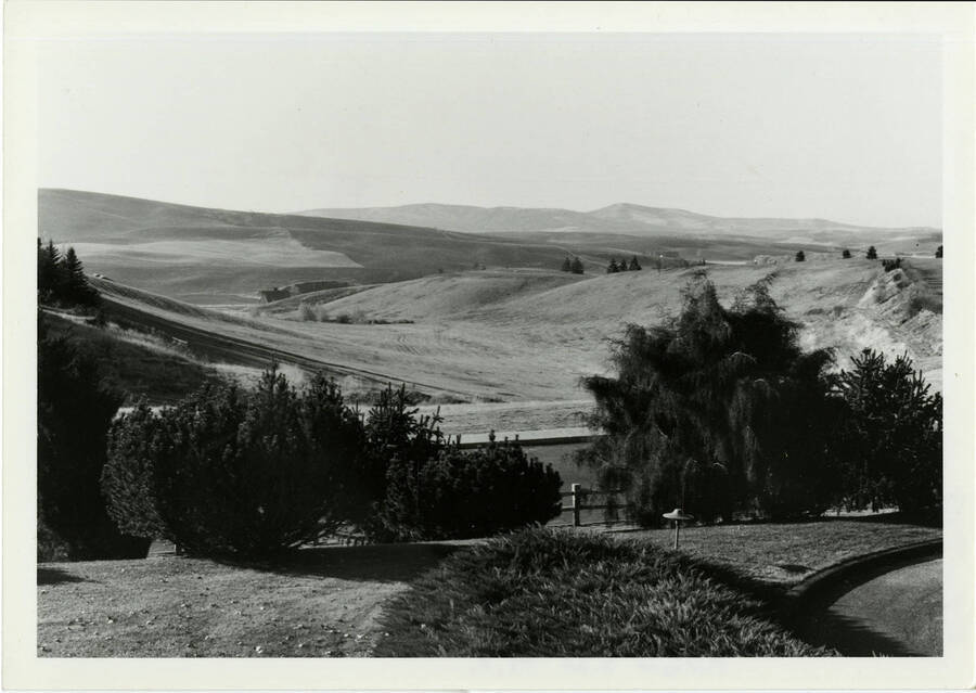 Landscape photo of rolling hills taken from a fenced in area. Not the building in the distance somewhat hidden  by a hill.