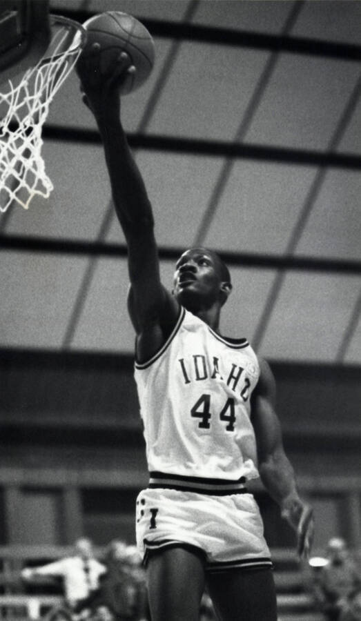 Ricardo Boyd, Vandals basketball player number 44, mid-jump in a game during the 1989-1990 season.