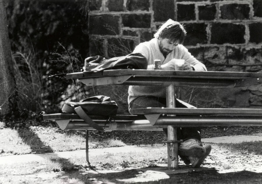 A student studying outdoors.