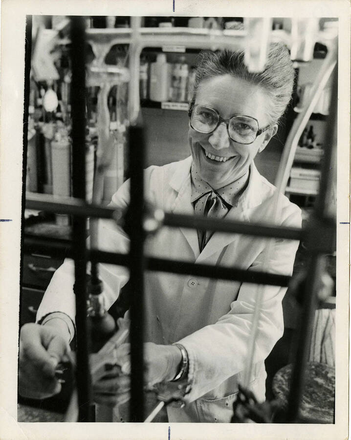 Jean'ne M. Shreeve, Department of Chemistry Professor, operating some kind of chemistry equipment in a laboratory.