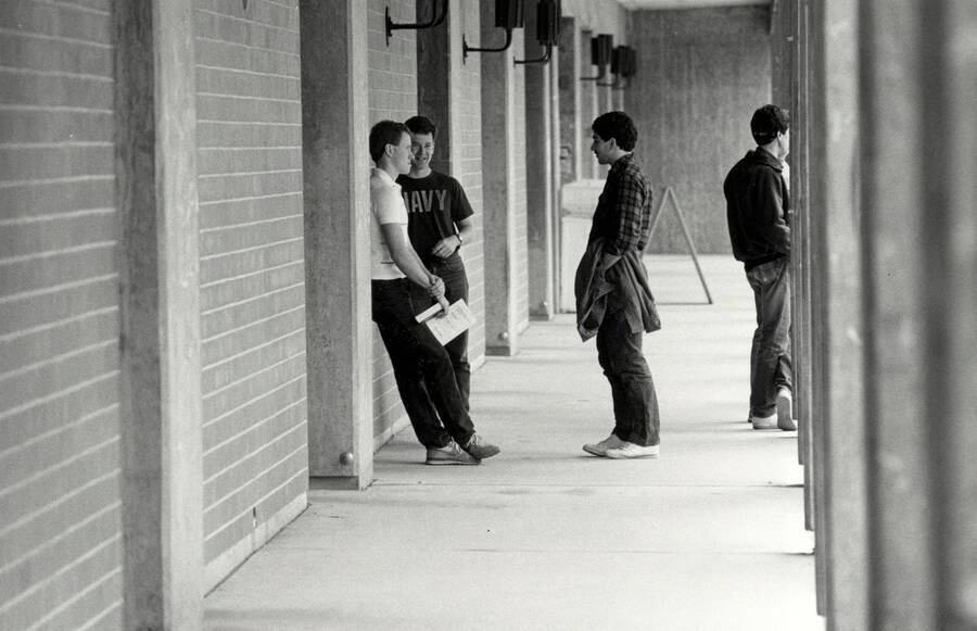 Students in front of the University Classroom Center (now the Teaching Learning Center).